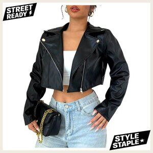 PU Leather Cropped Moto Jacket Edgy Zip Up Notch Lapel Modern Silhouette